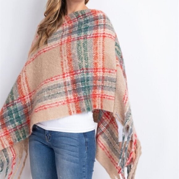 PLAID PRINT FRINGE SWEATER SHAWL PONCHO - Picture 4 of 7
